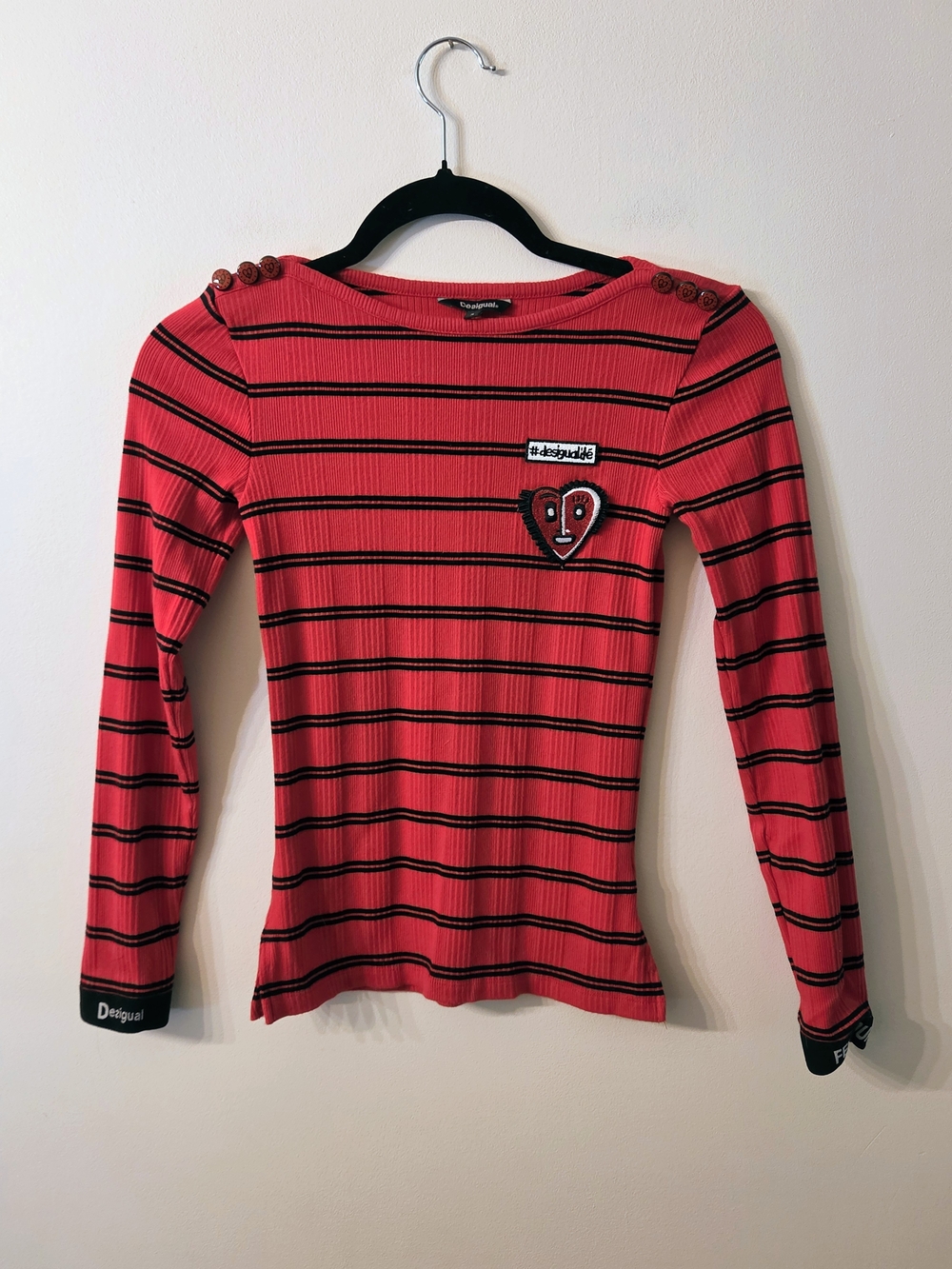 Desigual Striped Long-Sleeve Ribbed Top with Heart Patch